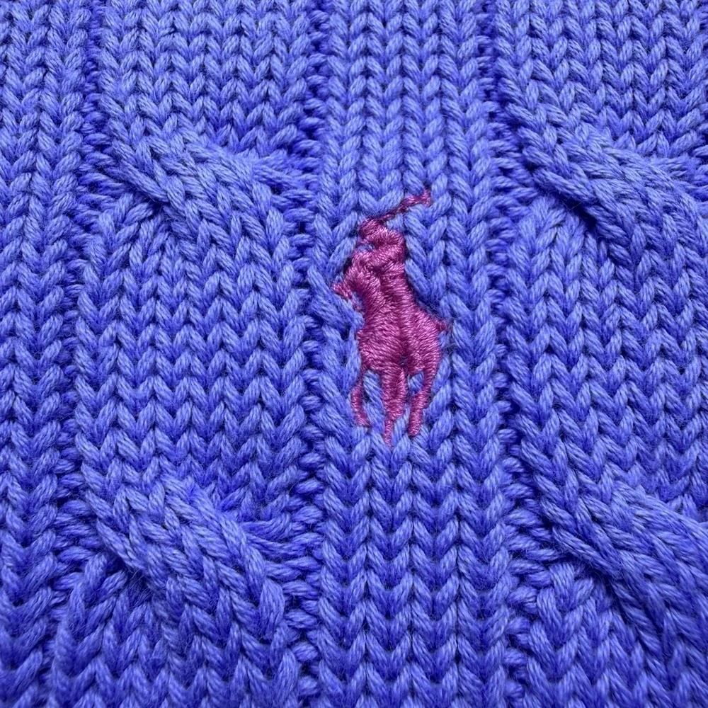 Polo Ralph Lauren Large Cable Knit Sweater Blue Pink Pony Preppy Vintage Vest